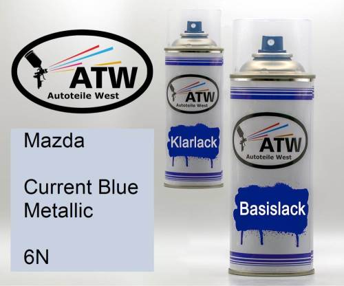 Mazda, Current Blue Metallic, 6N: 400ml Sprühdose + 400ml Klarlack - Set, von ATW Autoteile West.
